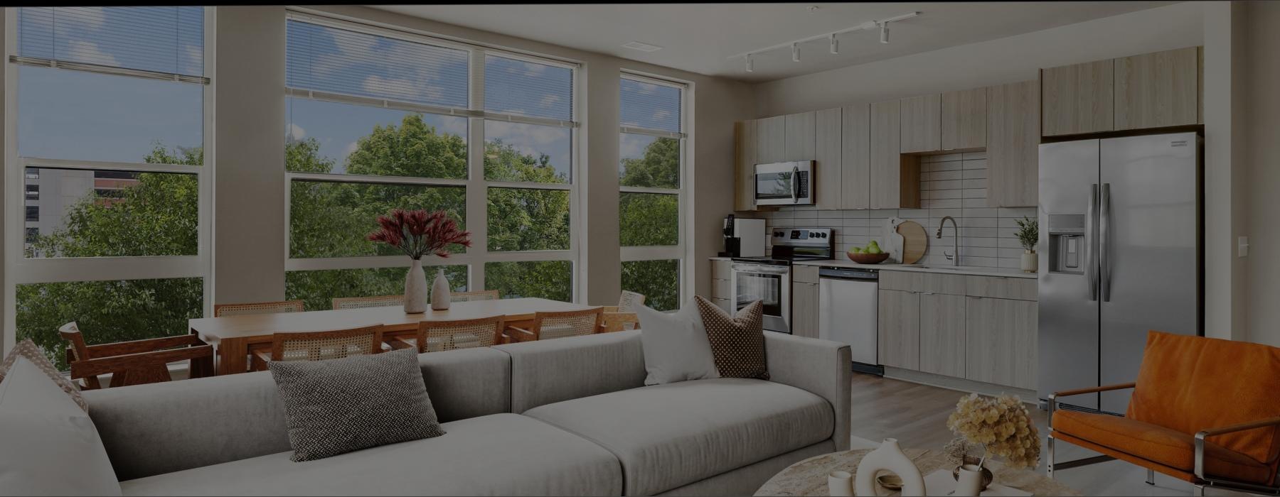 a living room with a couch and a table