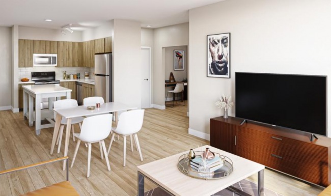 Generous bedroom offerings to fit every family a living room with a tv and dining table